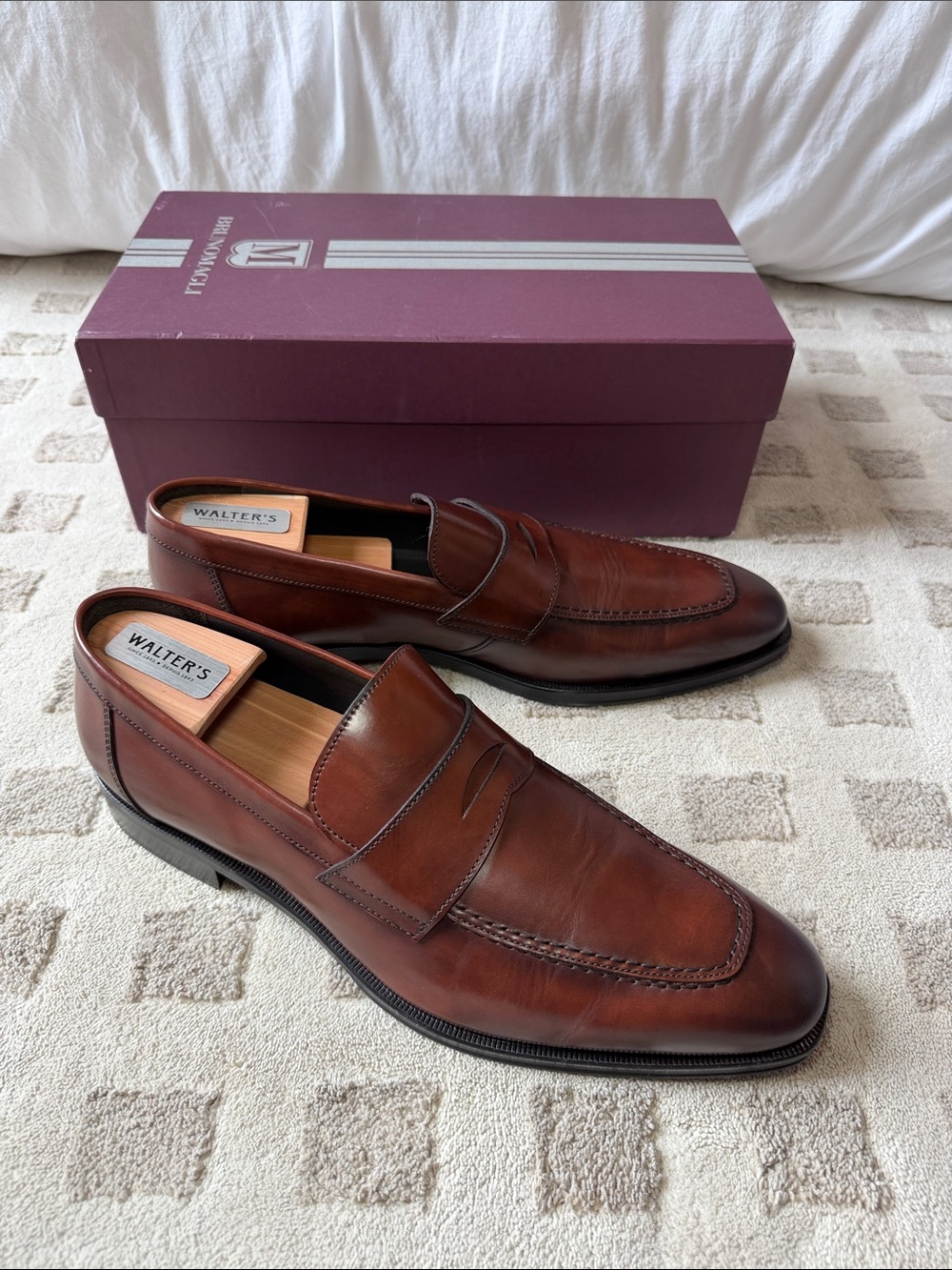 Bruno Magli Cognac Brown Leather Penny Loafers